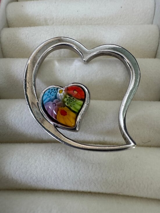 Alan K Murano Jewelry - Alan K 925 Sterling Silver Millefiori Glass Double Heart Floral Pendant